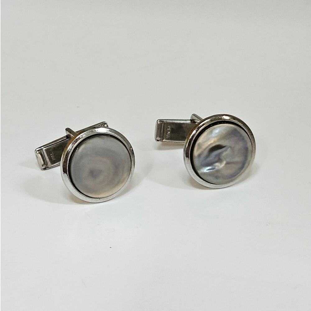 Vintage MCM Gray Mother of Pearl Cufflinks | Silver Tone Round Quiet Luxury